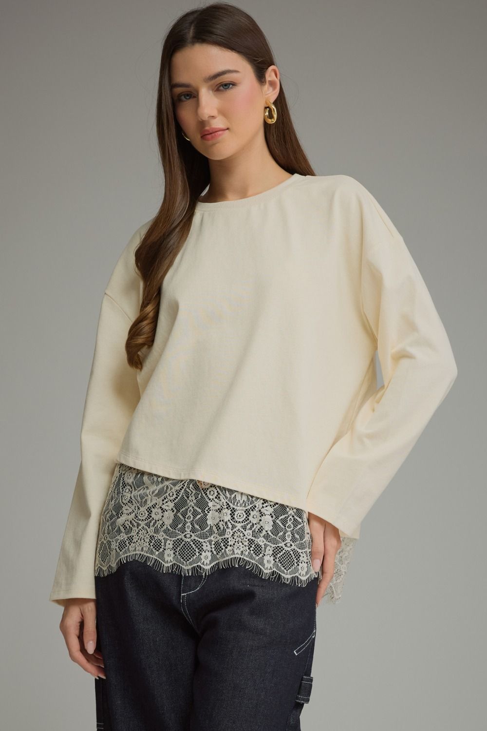 Entro Long Sleeve Top with Layered Lace Hem