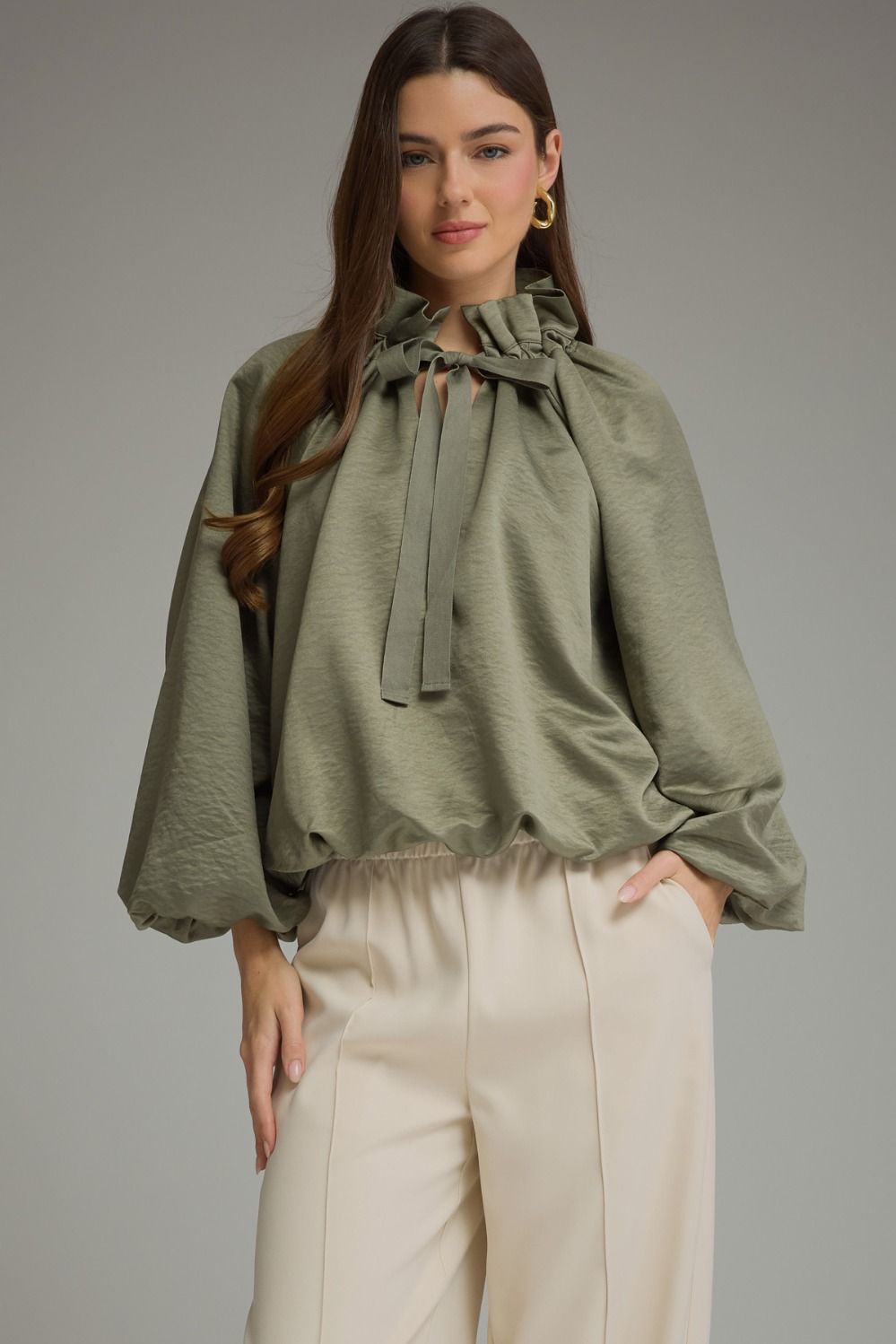 Entro Olive Tie-Neck Poncho Sleeve Top