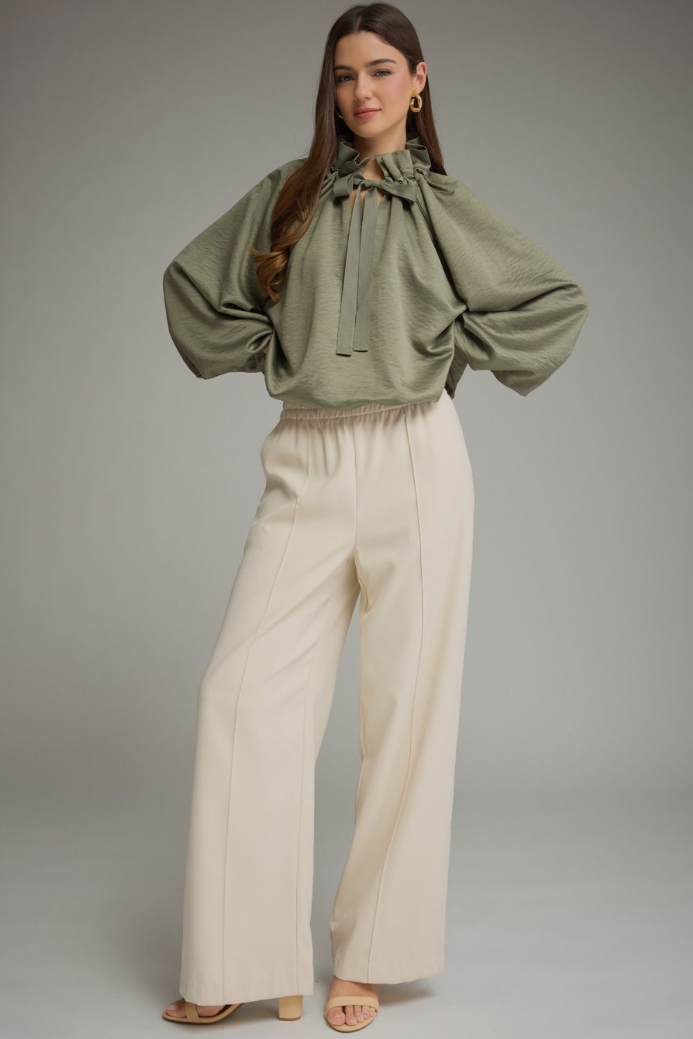 Entro Olive Tie-Neck Poncho Sleeve Top