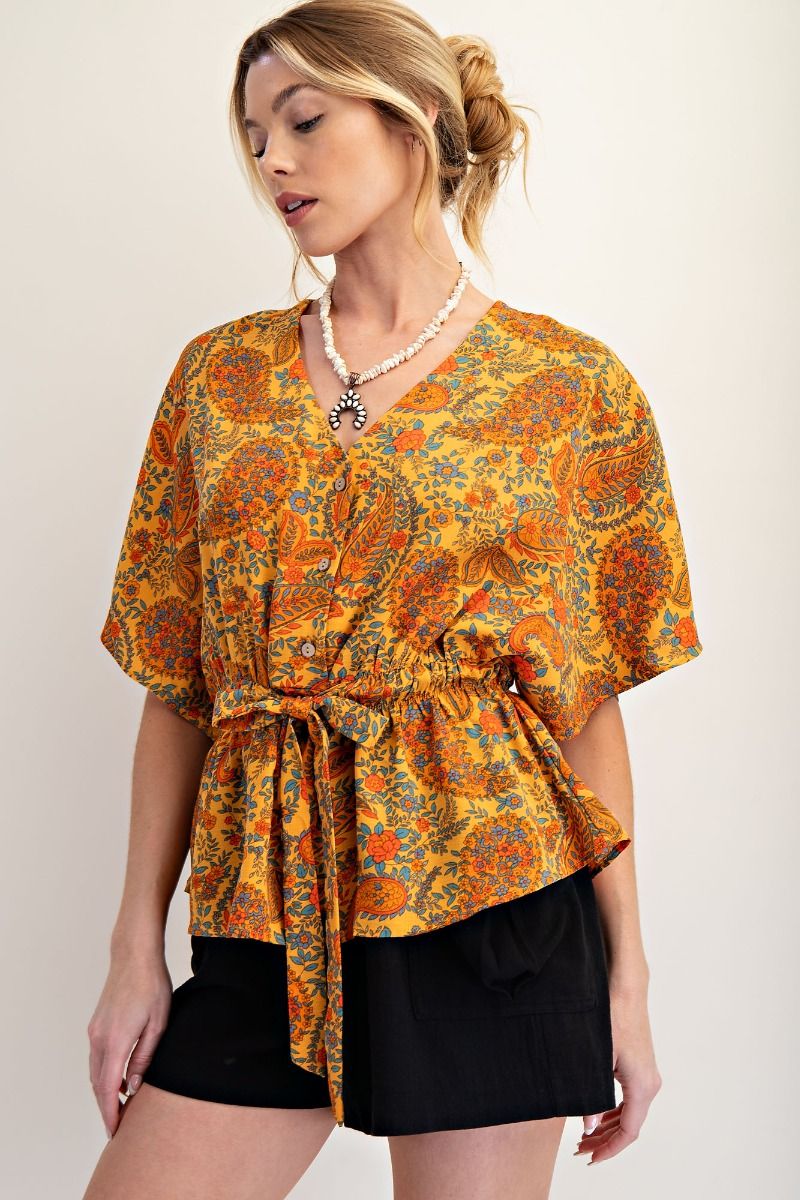 Easel Paisley Printed Crepe Peplum Top