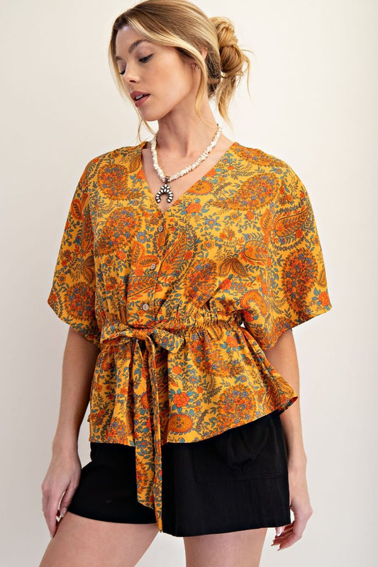 Easel Paisley Printed Crepe Peplum Top