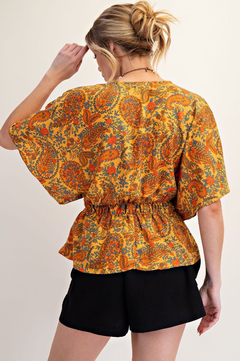 Easel Paisley Printed Crepe Peplum Top