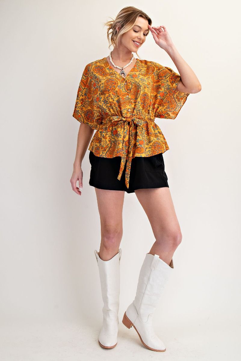Easel Paisley Printed Crepe Peplum Top