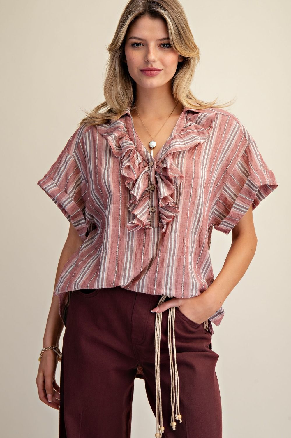 Easel Crinkled Stripe Blouse