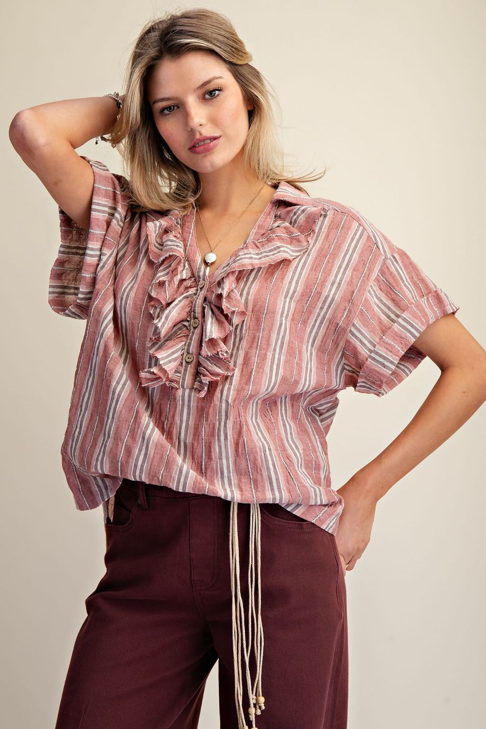 Easel Crinkled Stripe Blouse