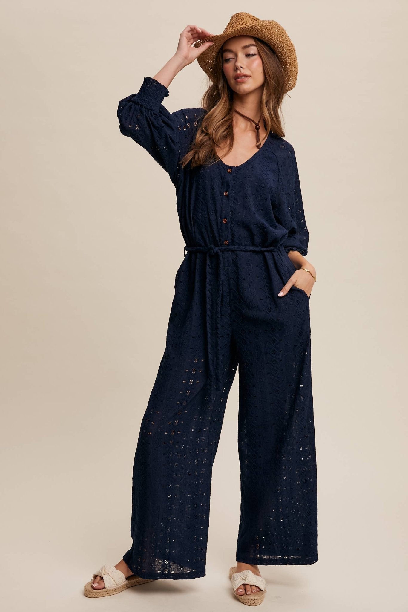 Eyelet Lace Wide Leg Jumpsuit - 926 West