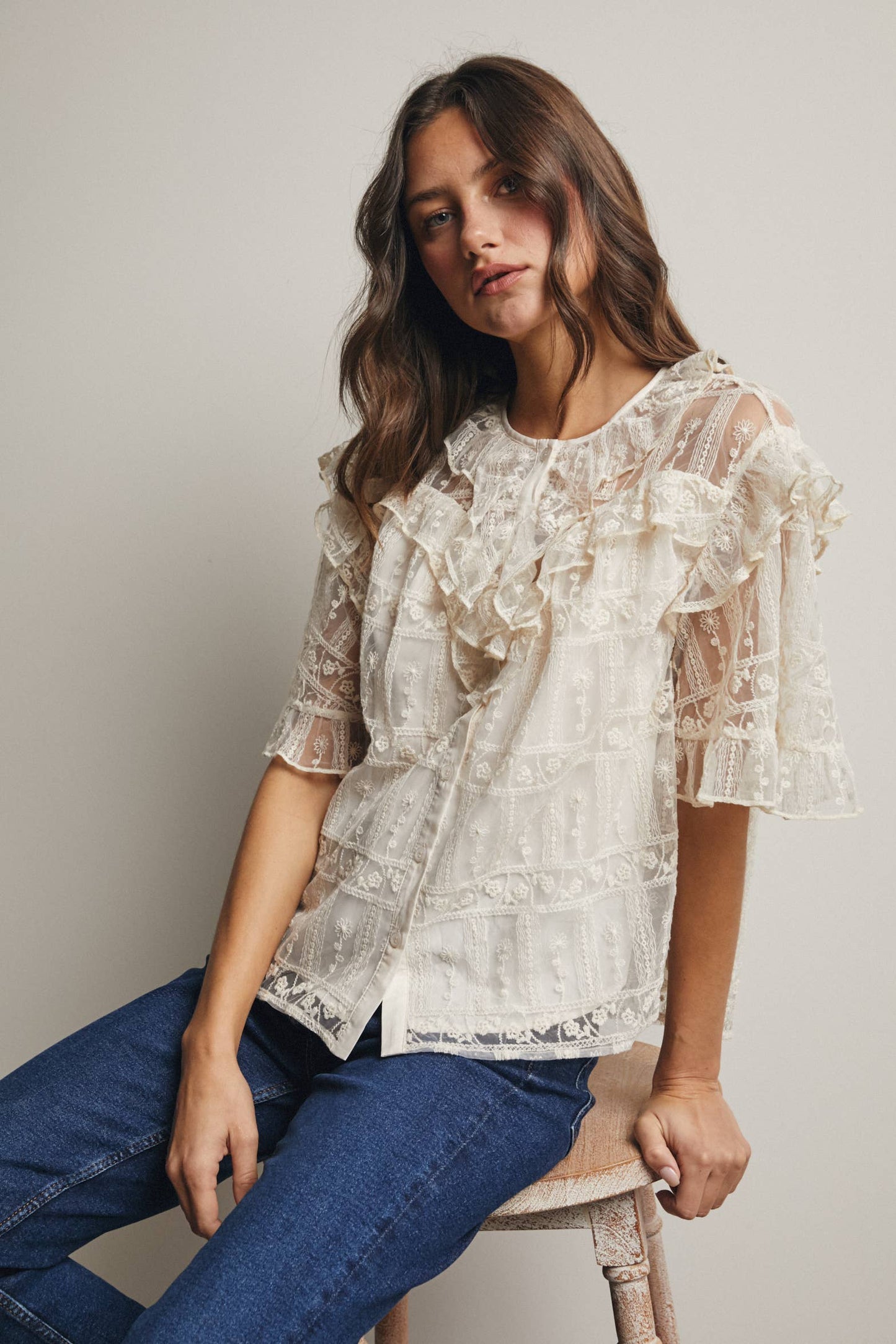 Embroidered Ruffle Lace Blouse - 926 West