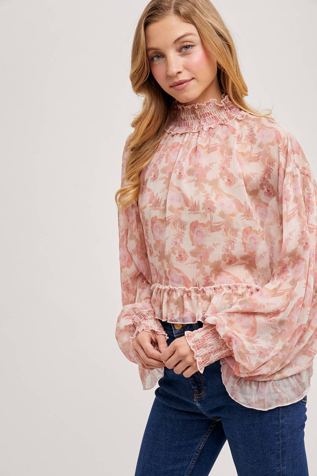 FLORAL PRINT RUFFLED MOCK NECK DOLMAN SLEEVE CHIFFON TOP Bluivy
