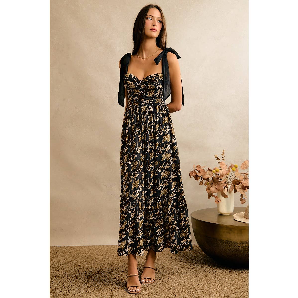 So Me Floral Print Ribbon Strap Maxi Dress