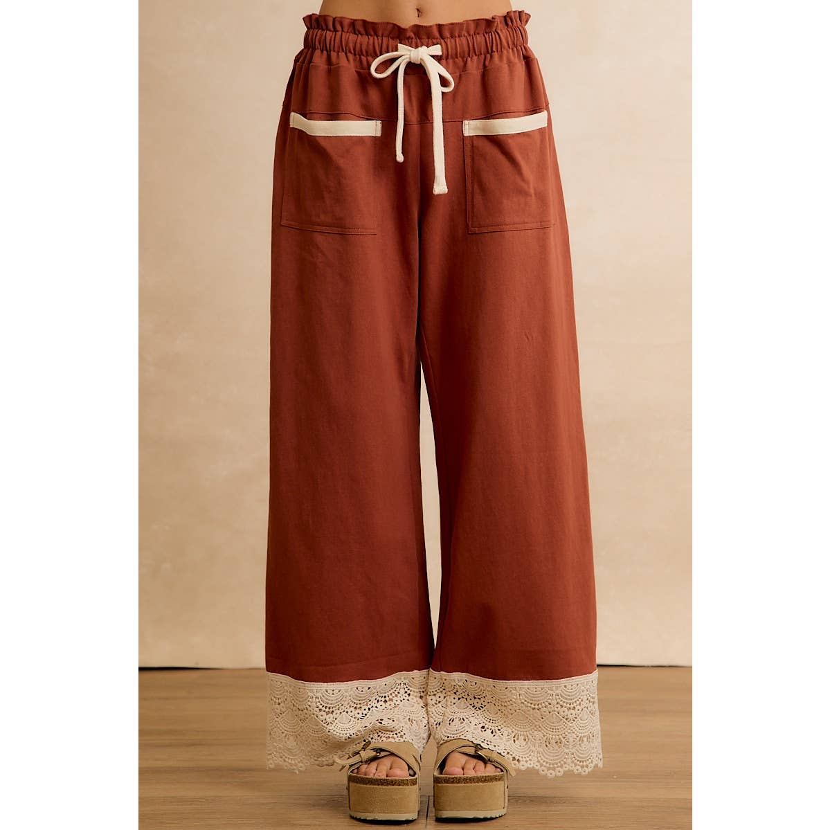BiBi Solid Cotton Pants with Lace-Trimmed Hem