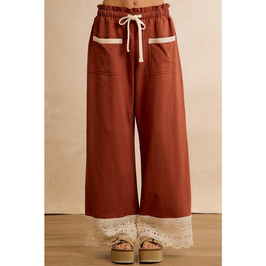 BiBi Solid Cotton Pants with Lace-Trimmed Hem