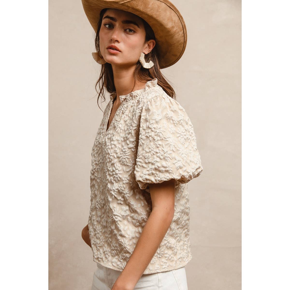 Floral Texture Balloon Sleeve V-Neck Top