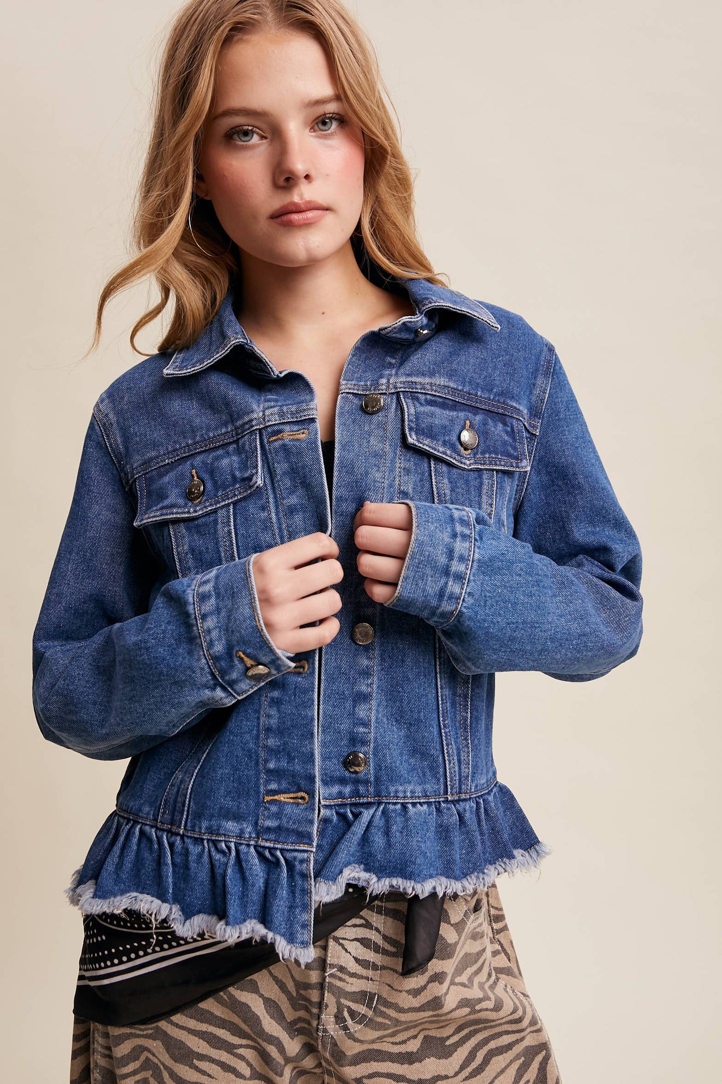 Listicle - Ruffled Hem Denim Jacket