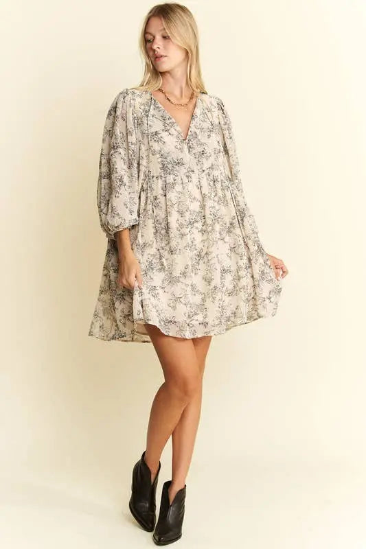 LINED 3/4 SLEEVE FLORAL CHIFFON BABYDOLL SHORT DRESS 926 West