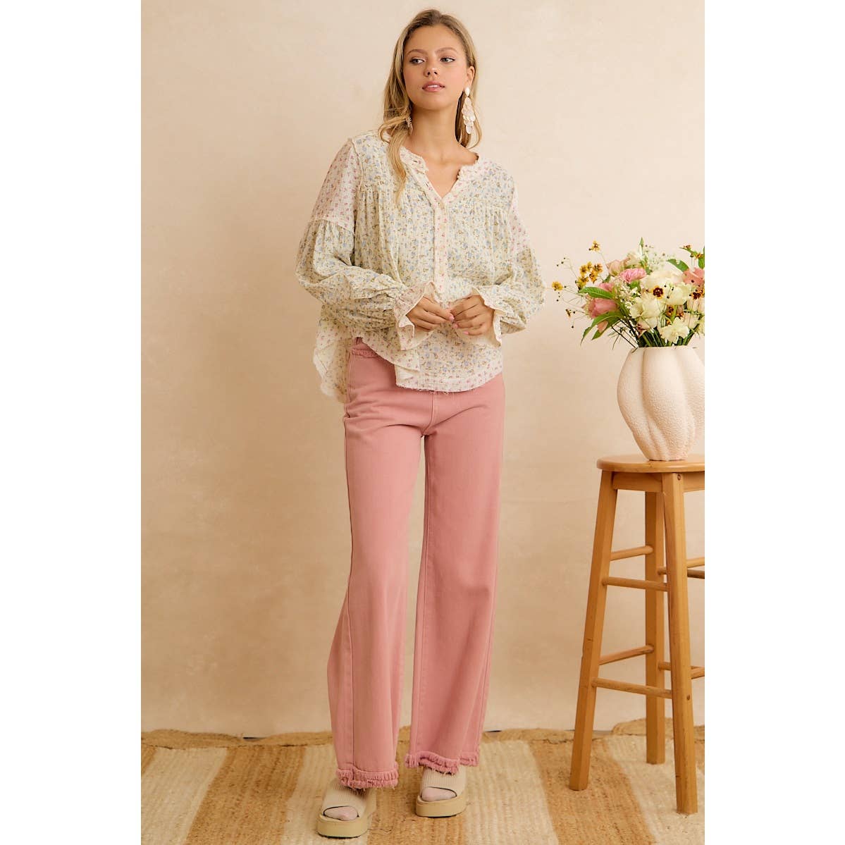 BiBi Floral Crinkle Gauze Button-Front Blouse
