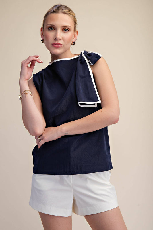 GLAM - Asymmetric Pleated Shoulder Contrasting Bow Top