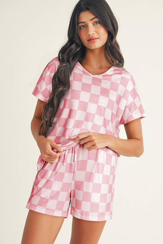 Checkered V Neck Tee Drawstring Shorts Lounge Set Little Daisy Closet
