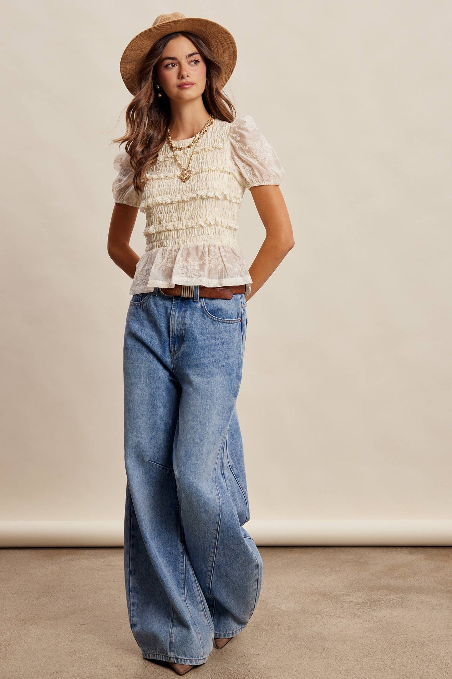 Listicle Smocked Lace Puff Sleeve Top