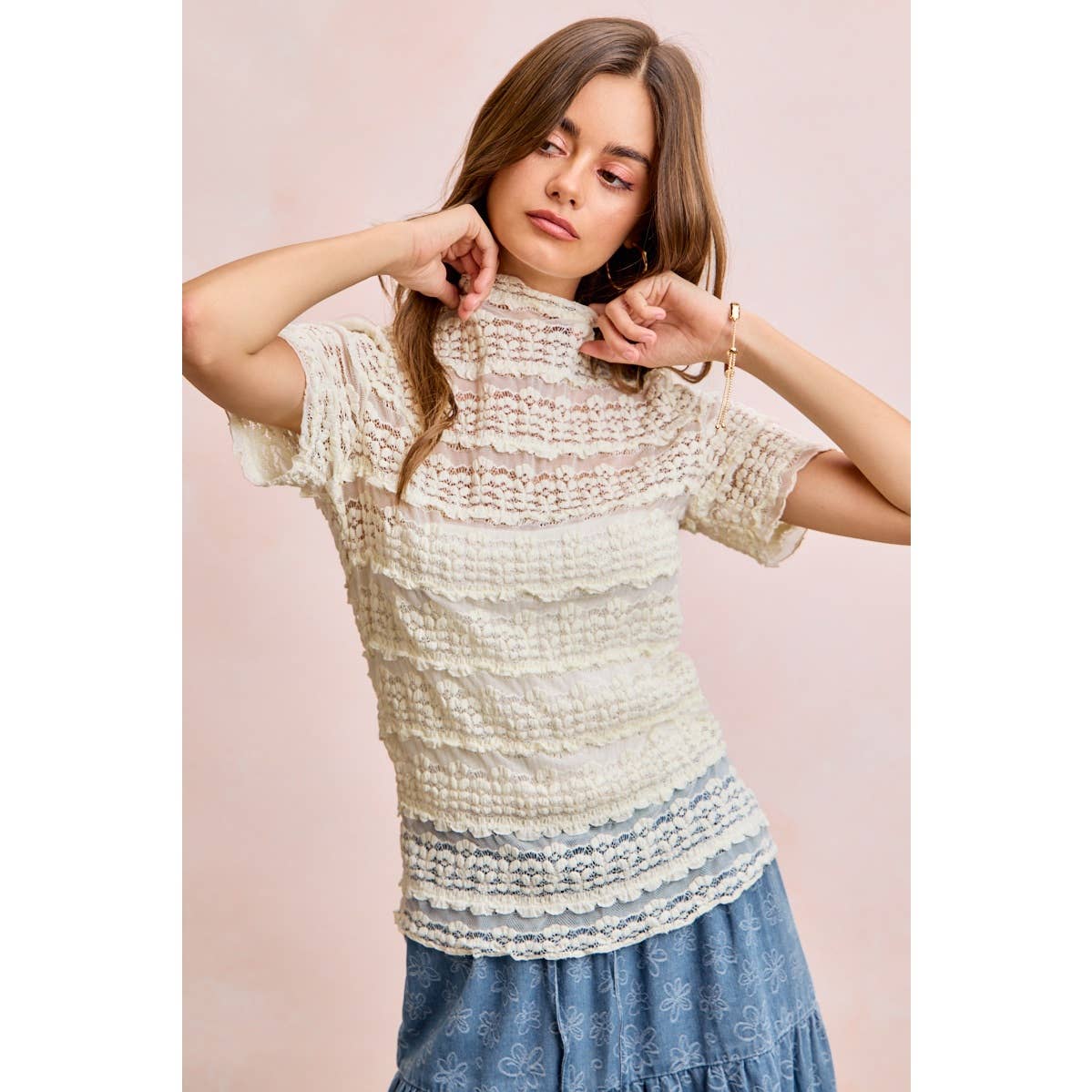 Short Sleeve Ruffle Floral Lace Top