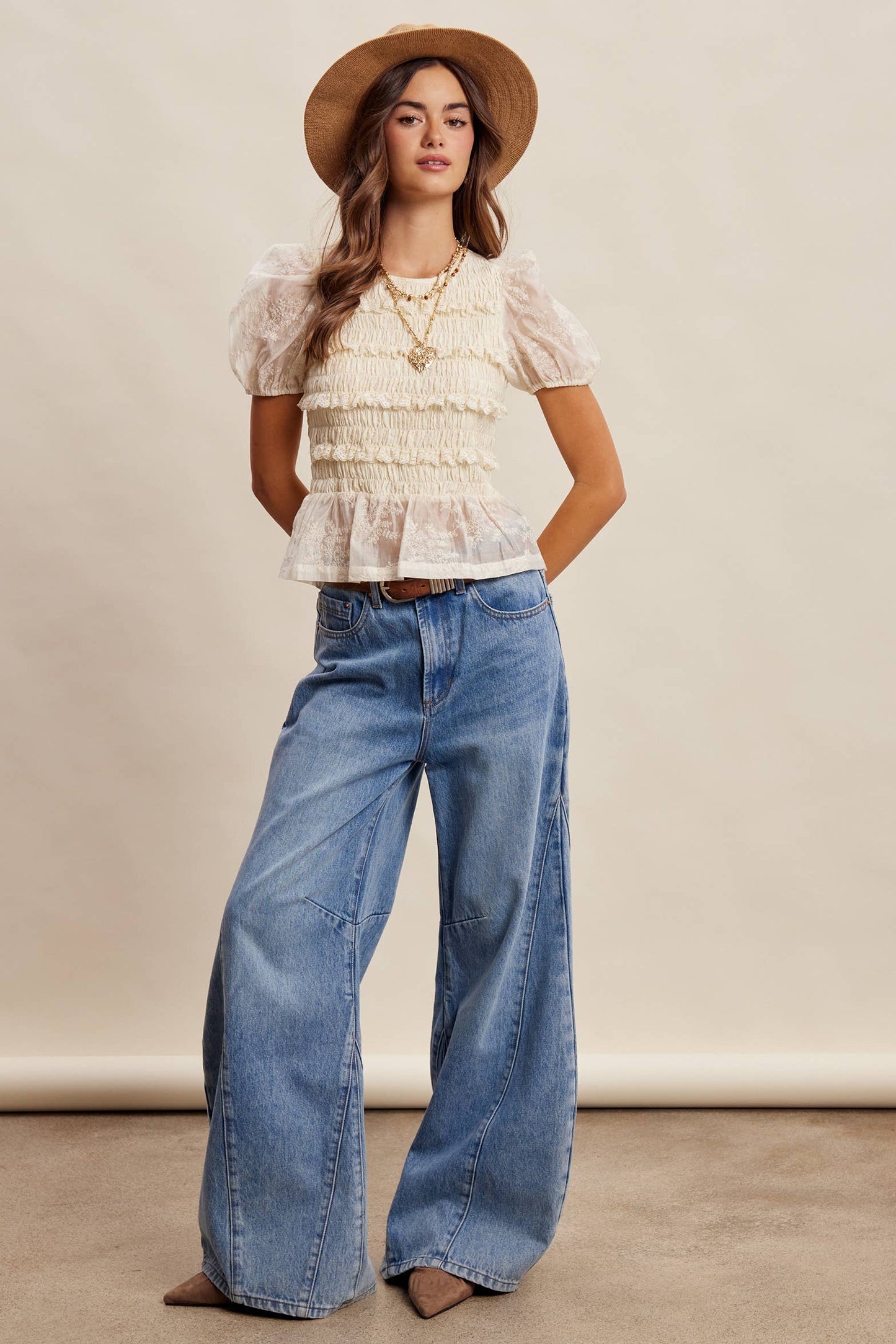 Listicle Smocked Lace Puff Sleeve Top