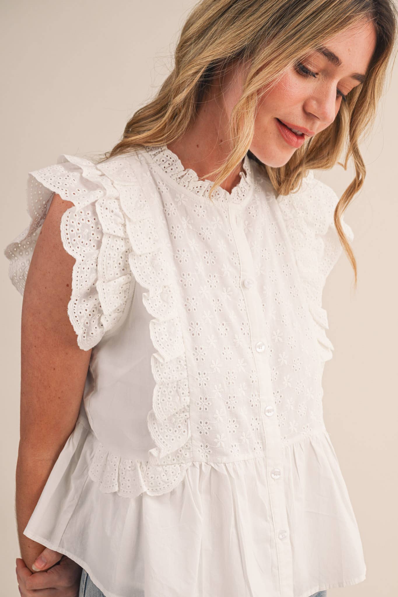 & MERCI - EYELET BUTTON DOWN PEPLUM TOP - (BLACK) - 926 West