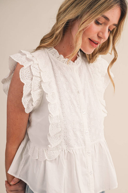 & MERCI - EYELET BUTTON DOWN PEPLUM TOP - (BLACK) - 926 West