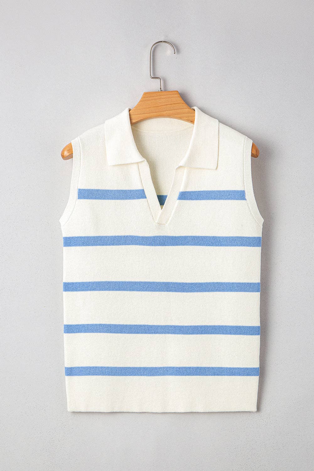 Stripe Collared V-Neck Sleeveless Sweater Top 926 WEST