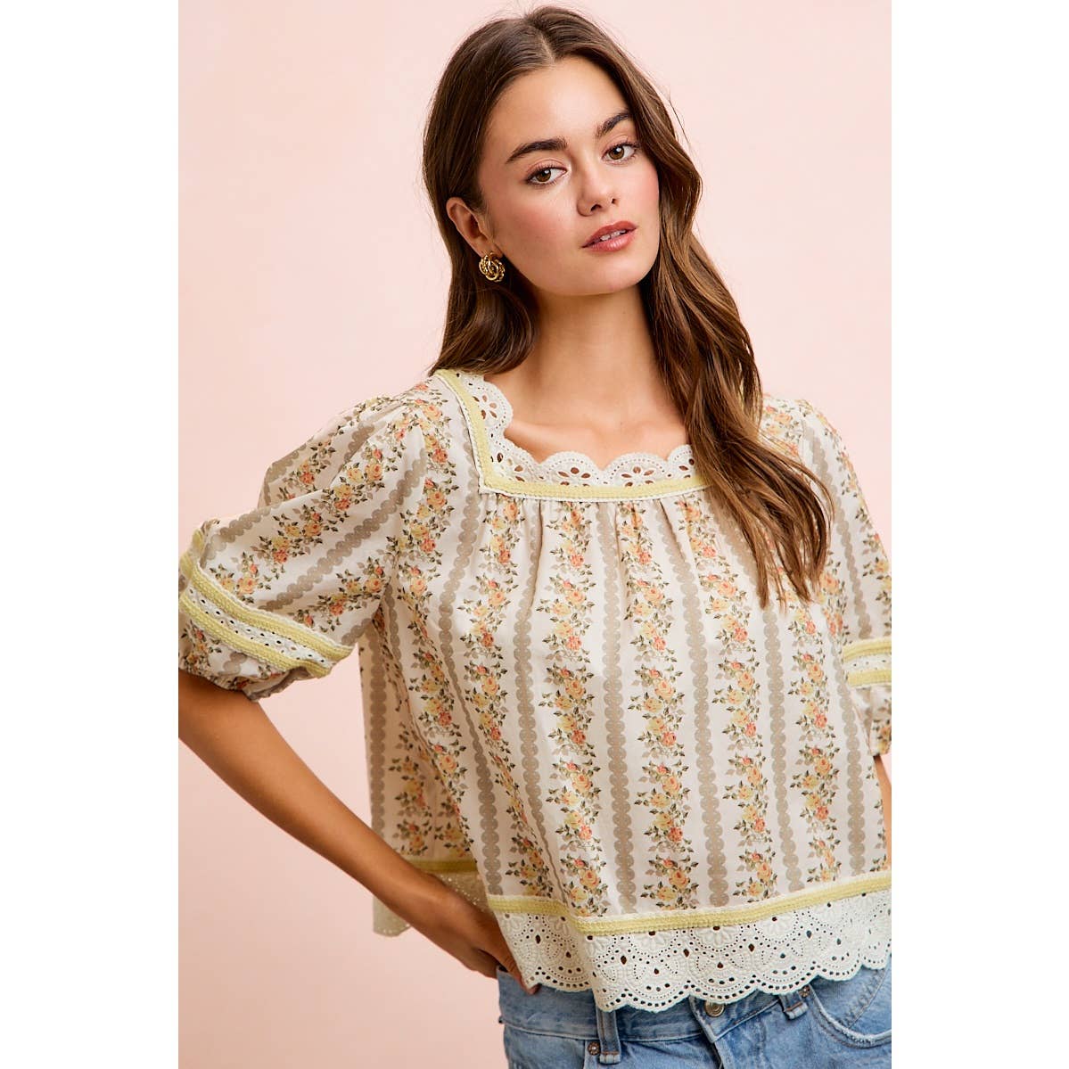 Floral Stripe Lace Trim Blouse Top