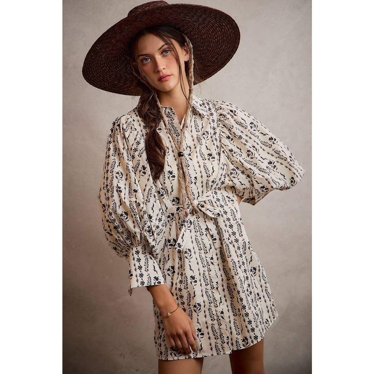 Cream Floral Puff-Sleeve Tie-Waist Mini Dress
