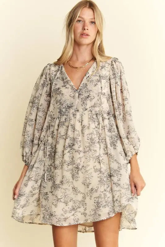 LINED 3/4 SLEEVE FLORAL CHIFFON BABYDOLL SHORT DRESS 926 West