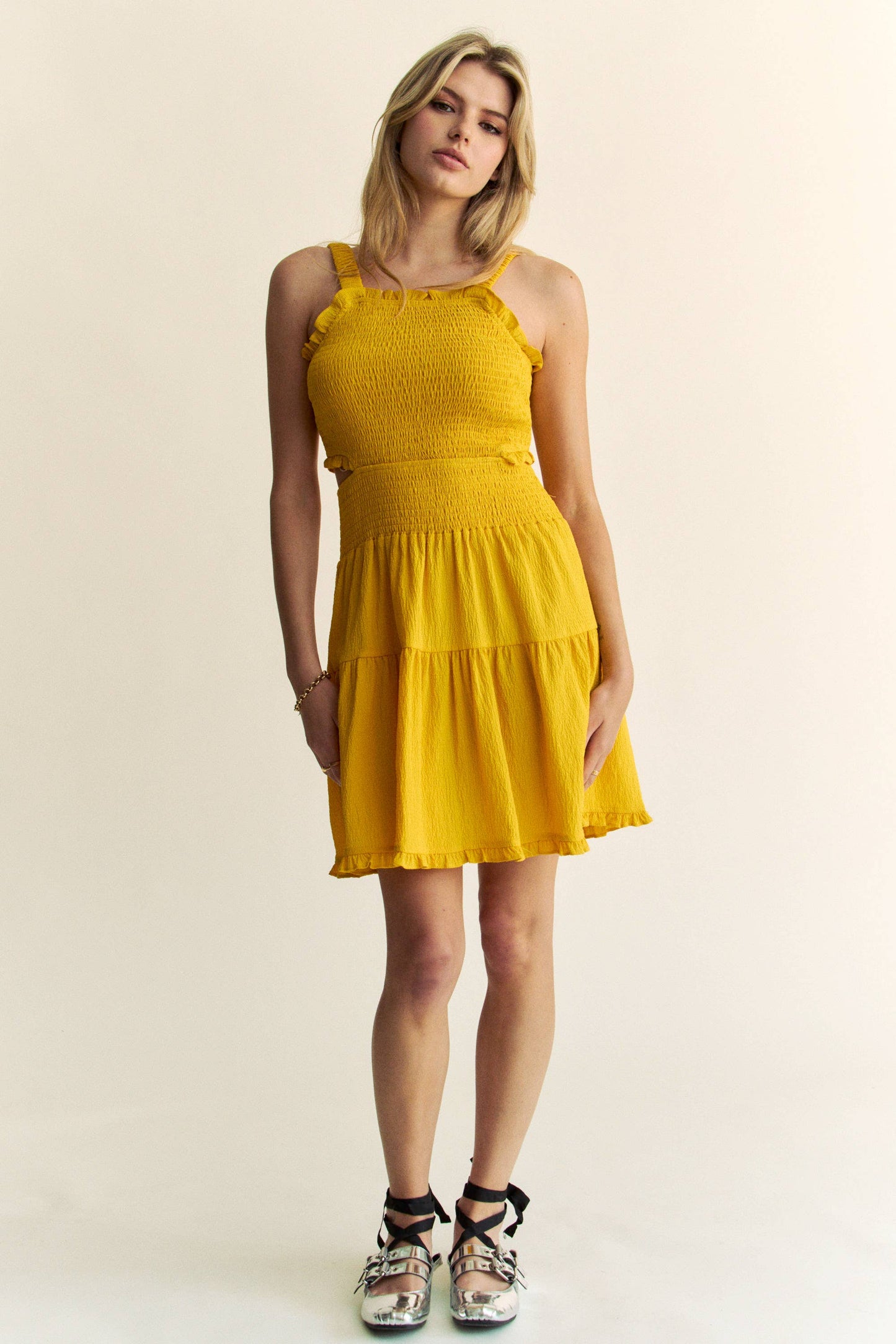 TEXTURED OPEN BACK SMOCKING CUT OUT MINI DRESS 926 WEST