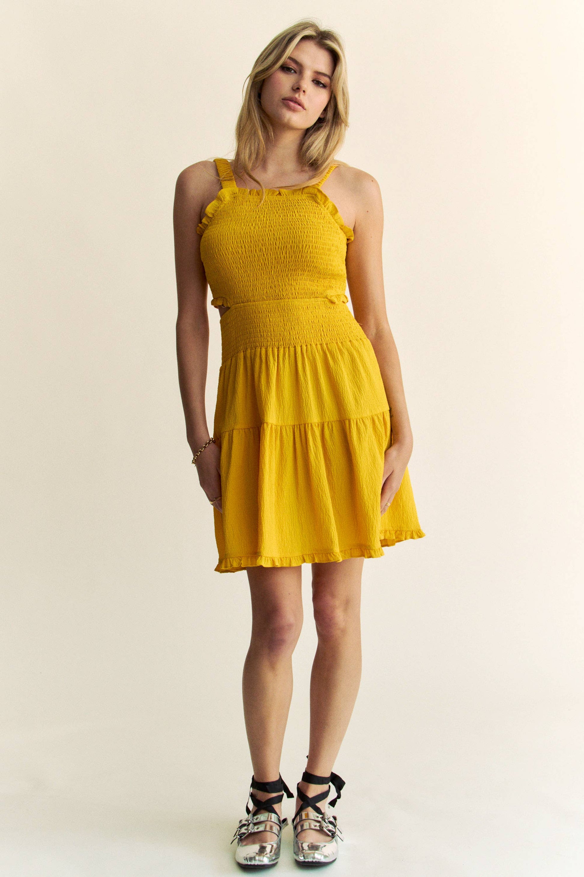 TEXTURED OPEN BACK SMOCKING CUT OUT MINI DRESS 926 WEST