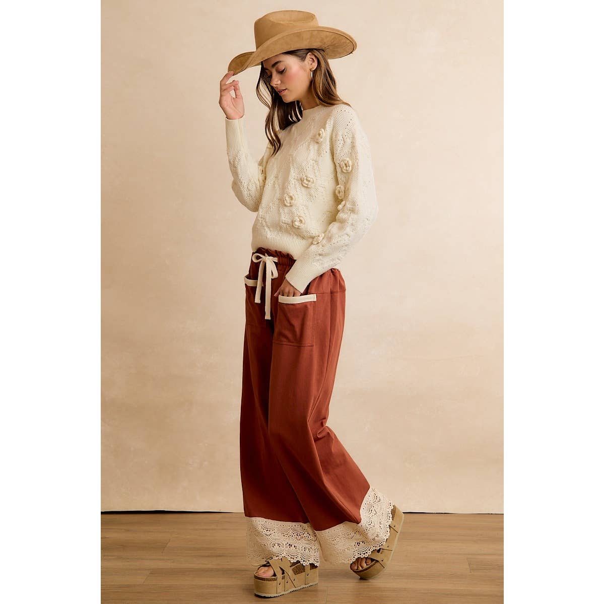 BiBi Solid Cotton Pants with Lace-Trimmed Hem