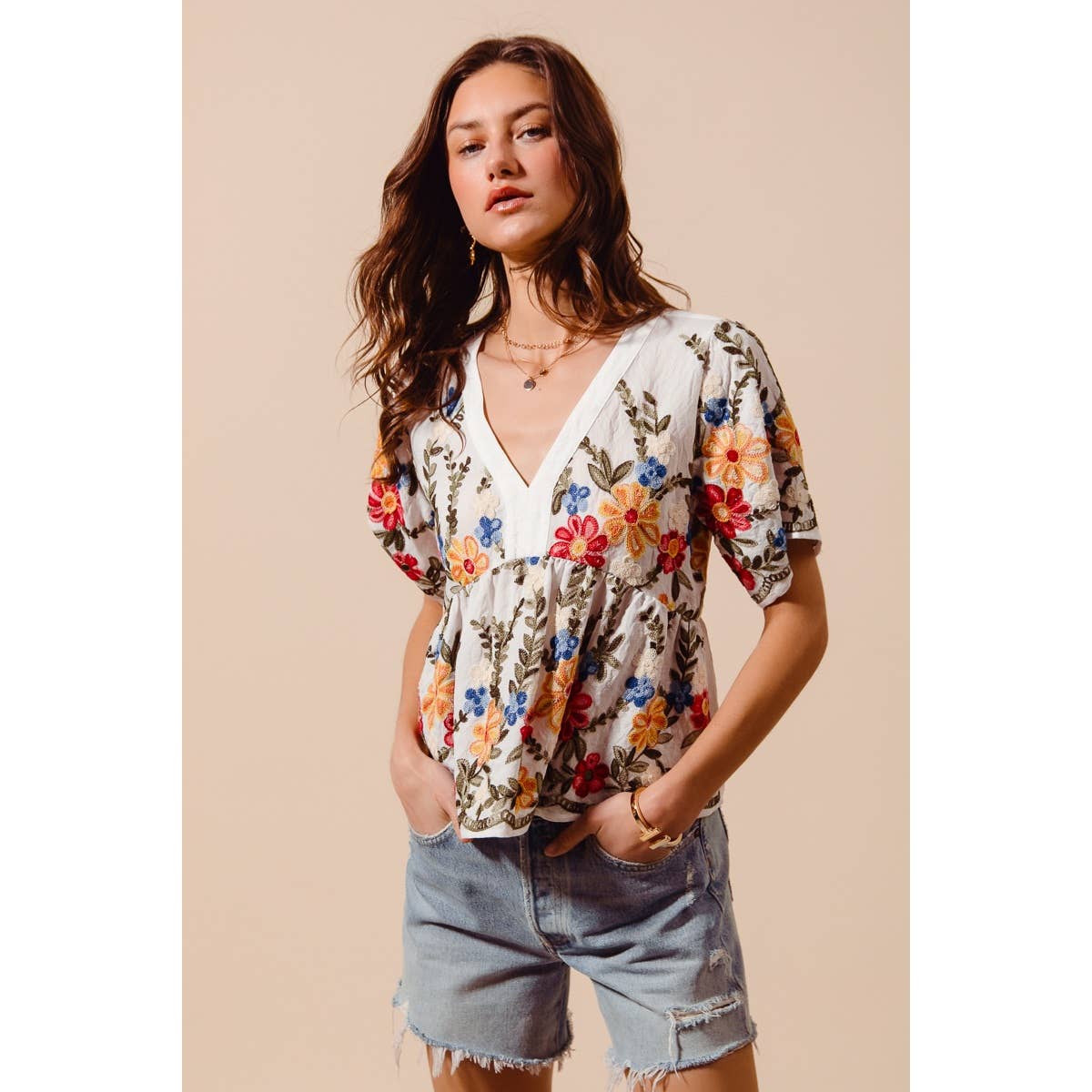 So Me Floral Embroidered Baby Doll Blouse Top