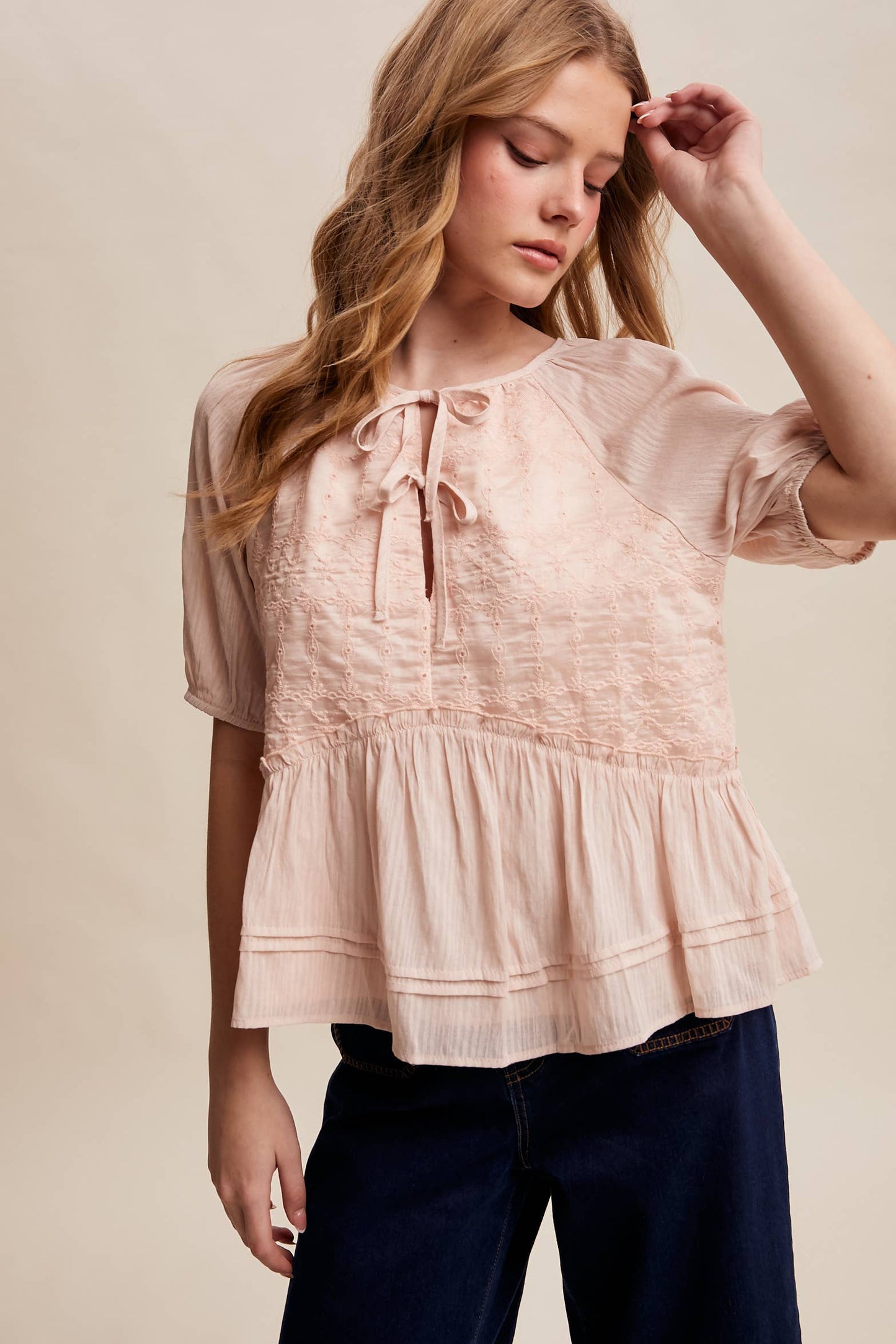 Embroidered Peplum Tie-Front Top – Petal
