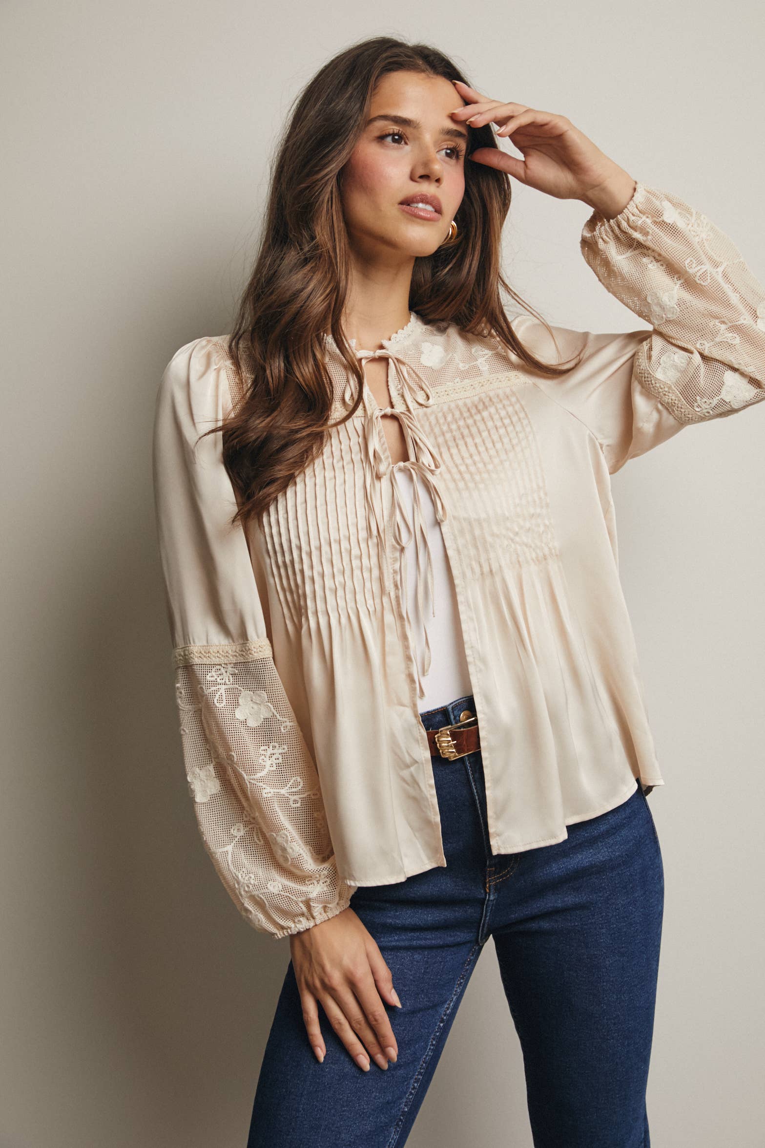 Embroidered Lace Tie-Front Blouse - 926 West