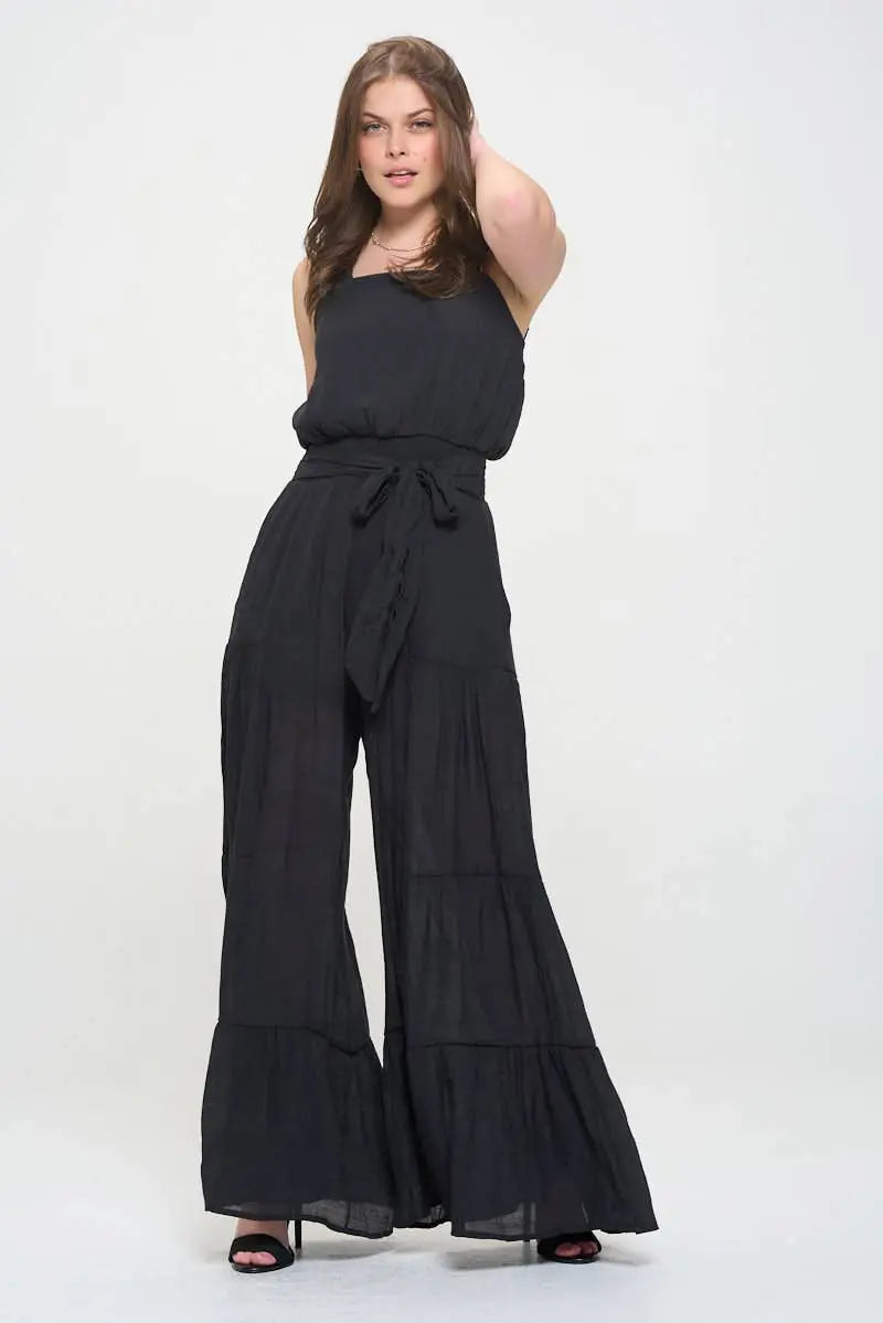Women's Black ELASTIC STRAP TIERED JUMPSUIT 926 West