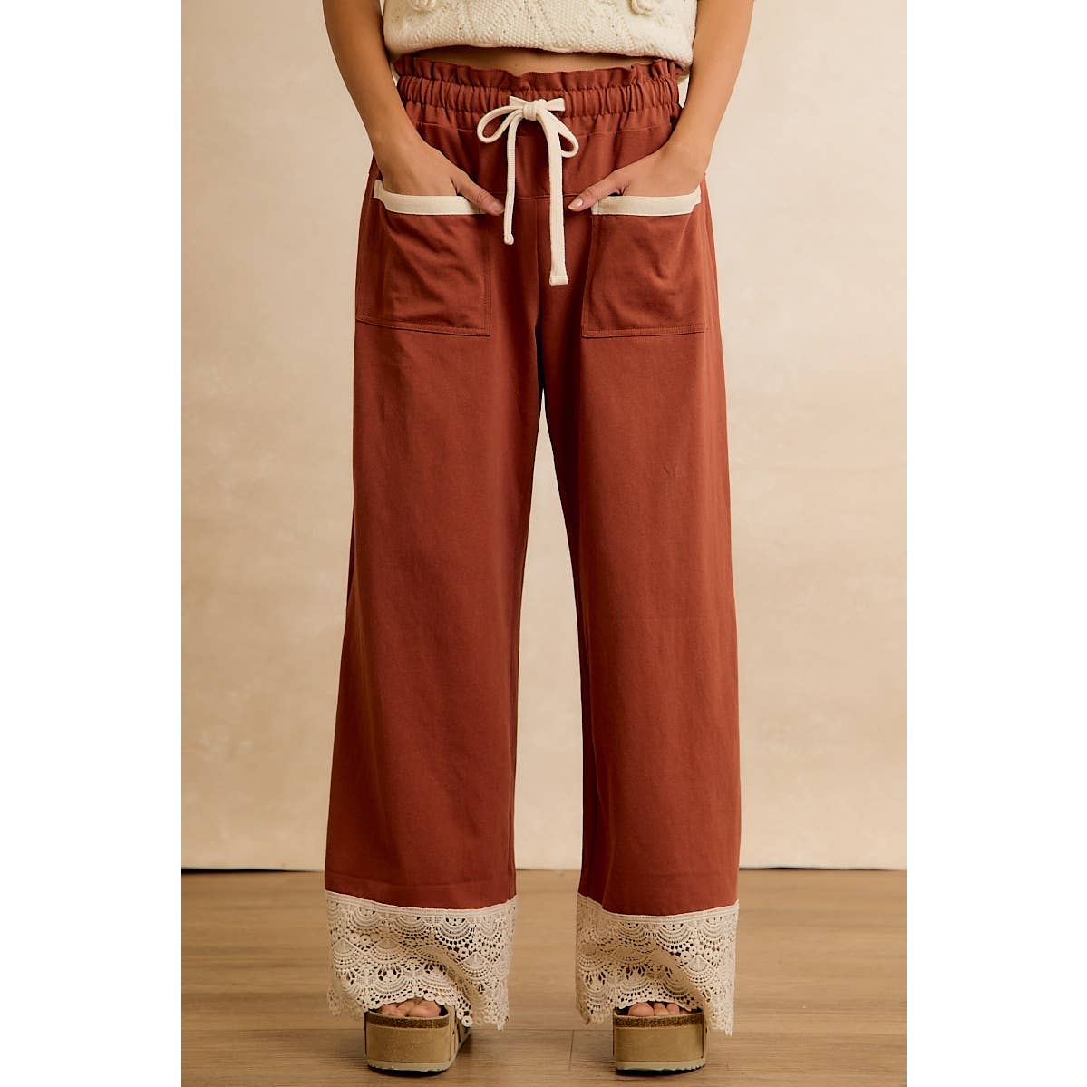 BiBi Solid Cotton Pants with Lace-Trimmed Hem