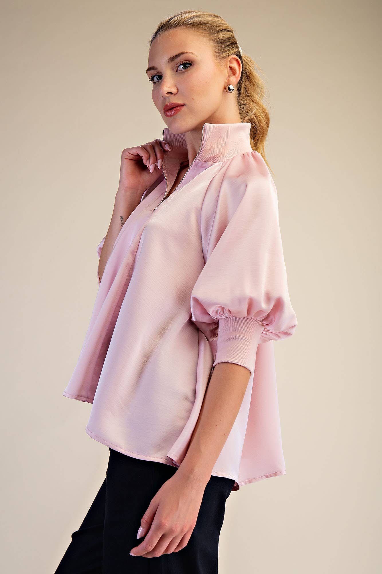 GLAM - Mock Neck Band Puff Sleeve Elegance Blouse