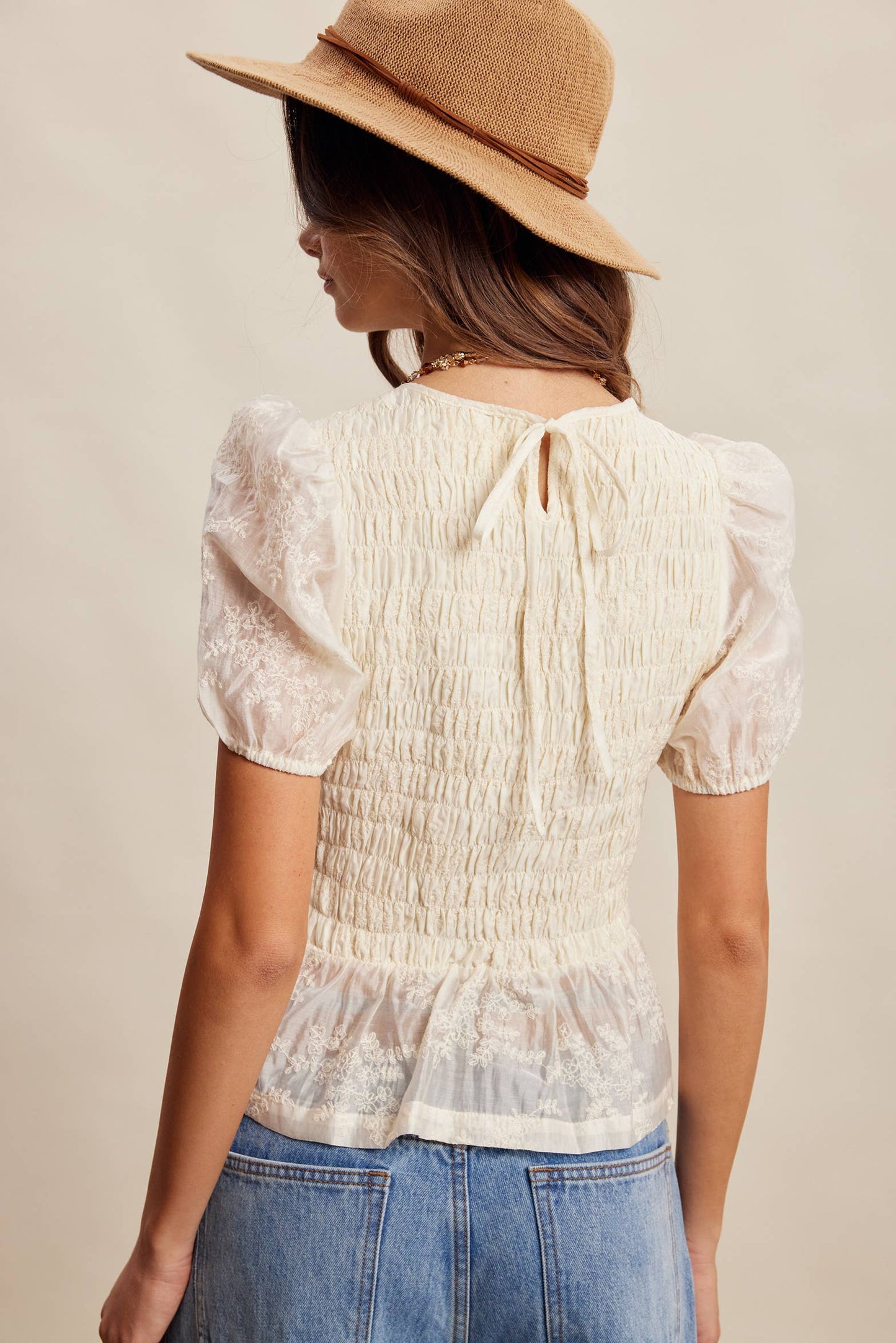 Listicle Smocked Lace Puff Sleeve Top