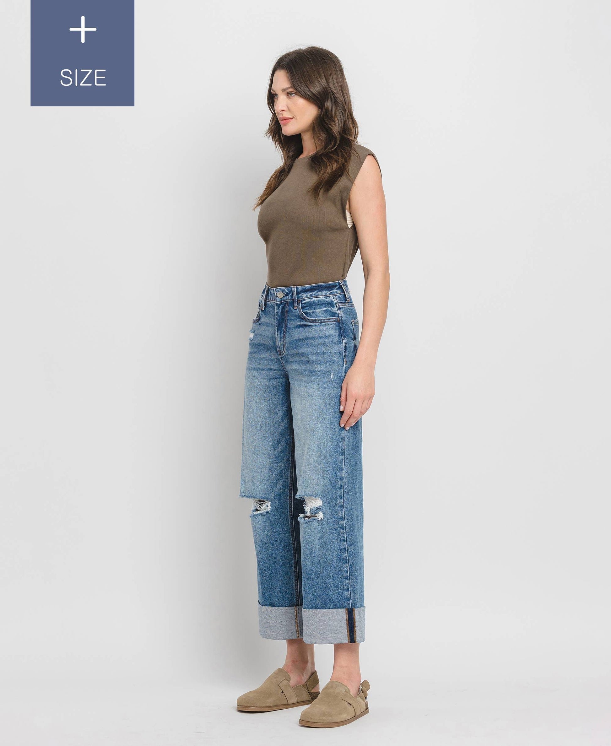 PLUS SIZE SUPER HIGH RISE CUFFED BAGGY WIDE JEANS LV1459-P Lovervet by VERVET