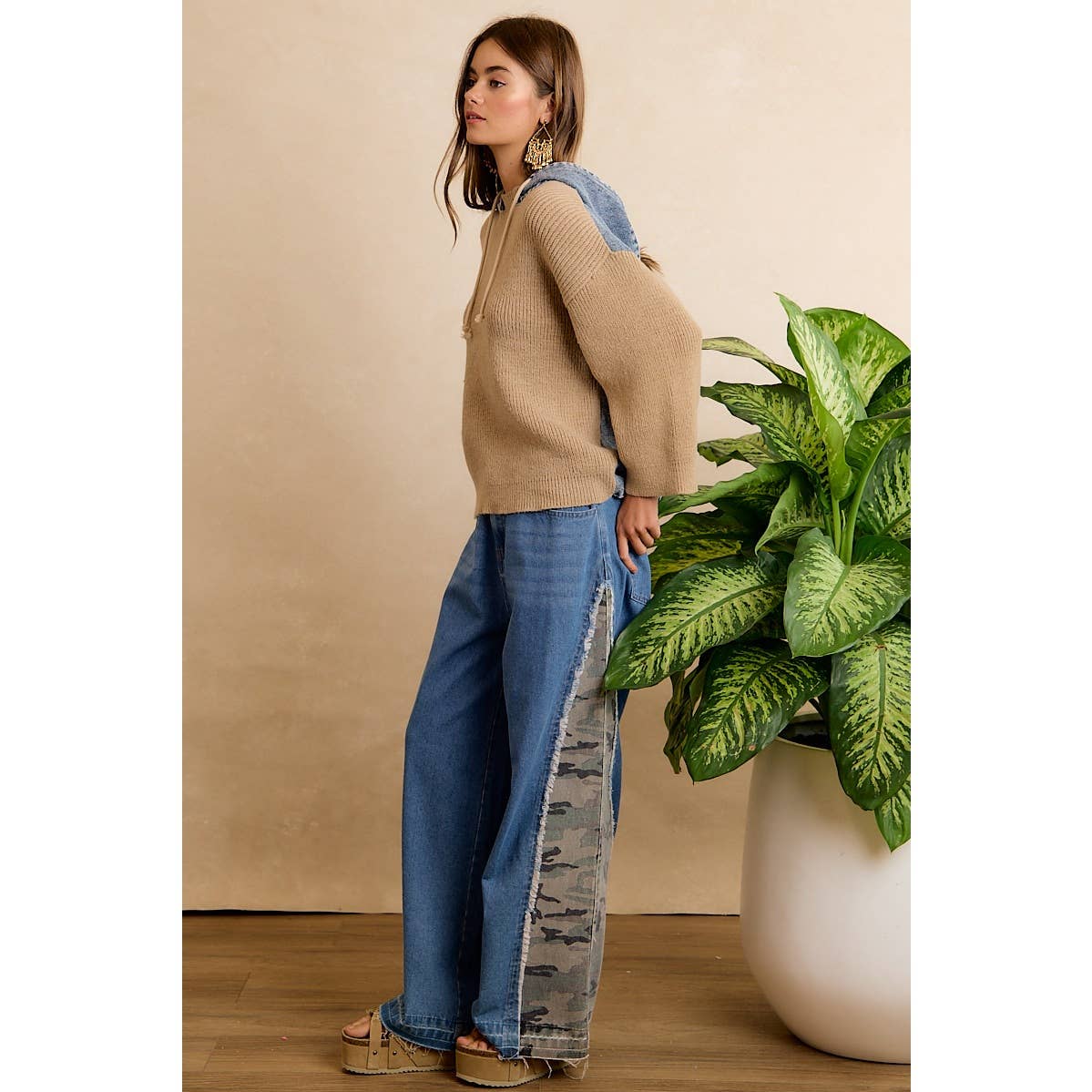 Denim Contrast Hooded Knit Pullover Top