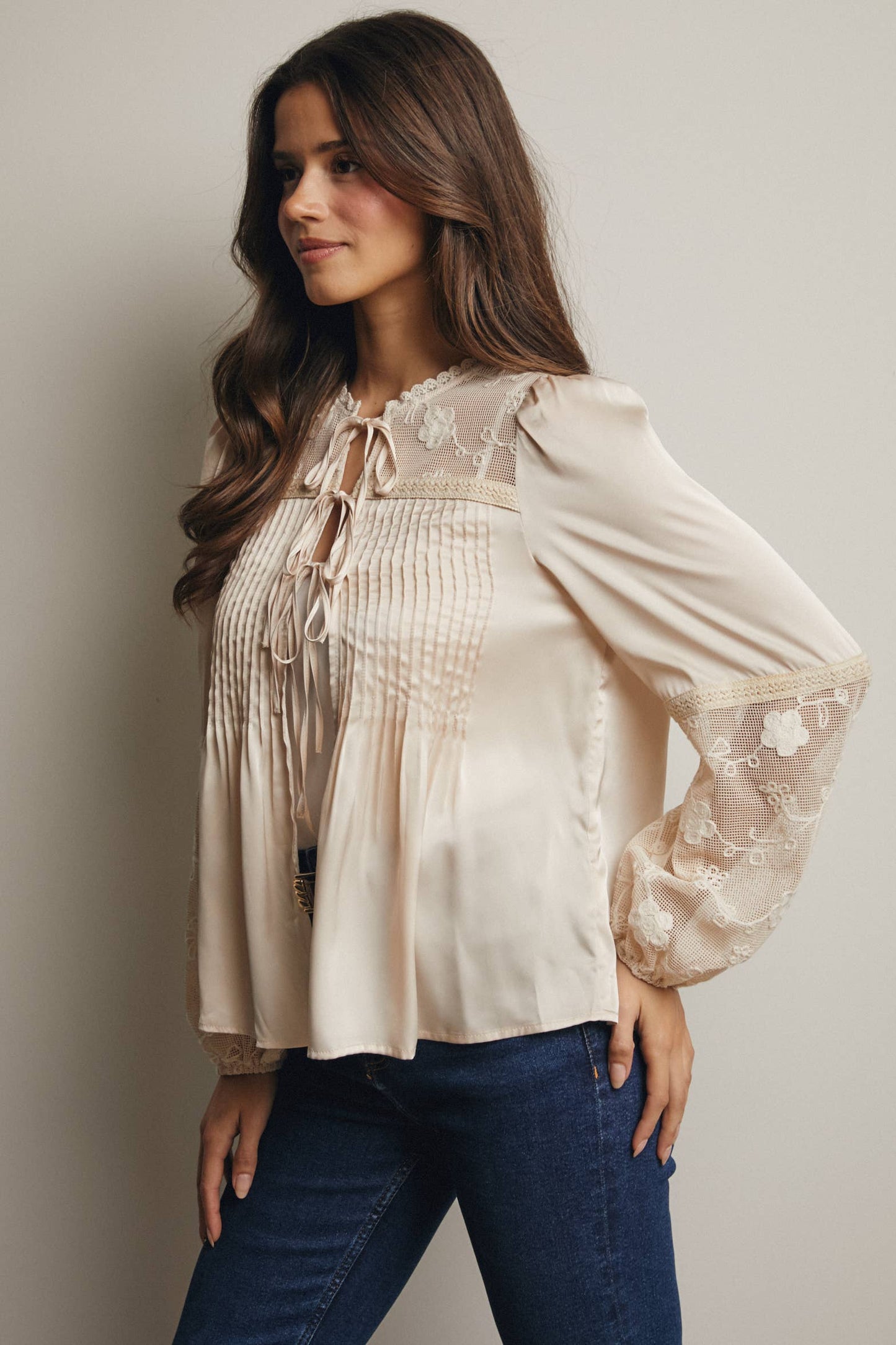 Embroidered Lace Tie-Front Blouse - 926 West