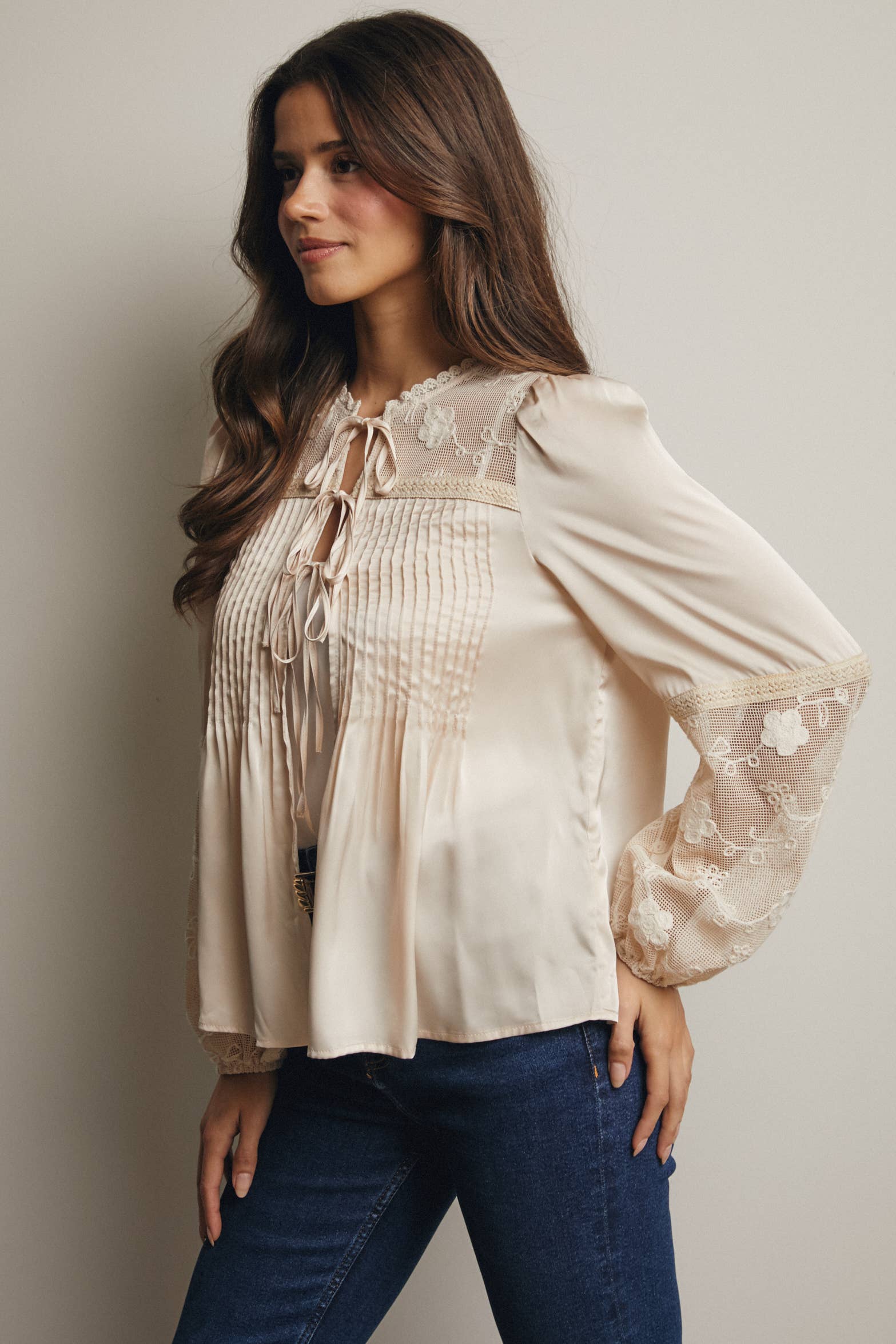 Embroidered Lace Tie-Front Blouse - 926 West