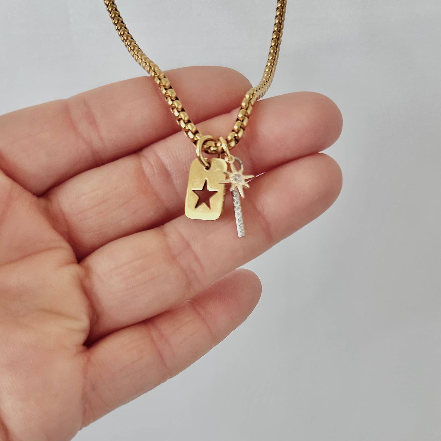 Star Tag & Crystal Bar Layering Necklace | 18K Gold Plated