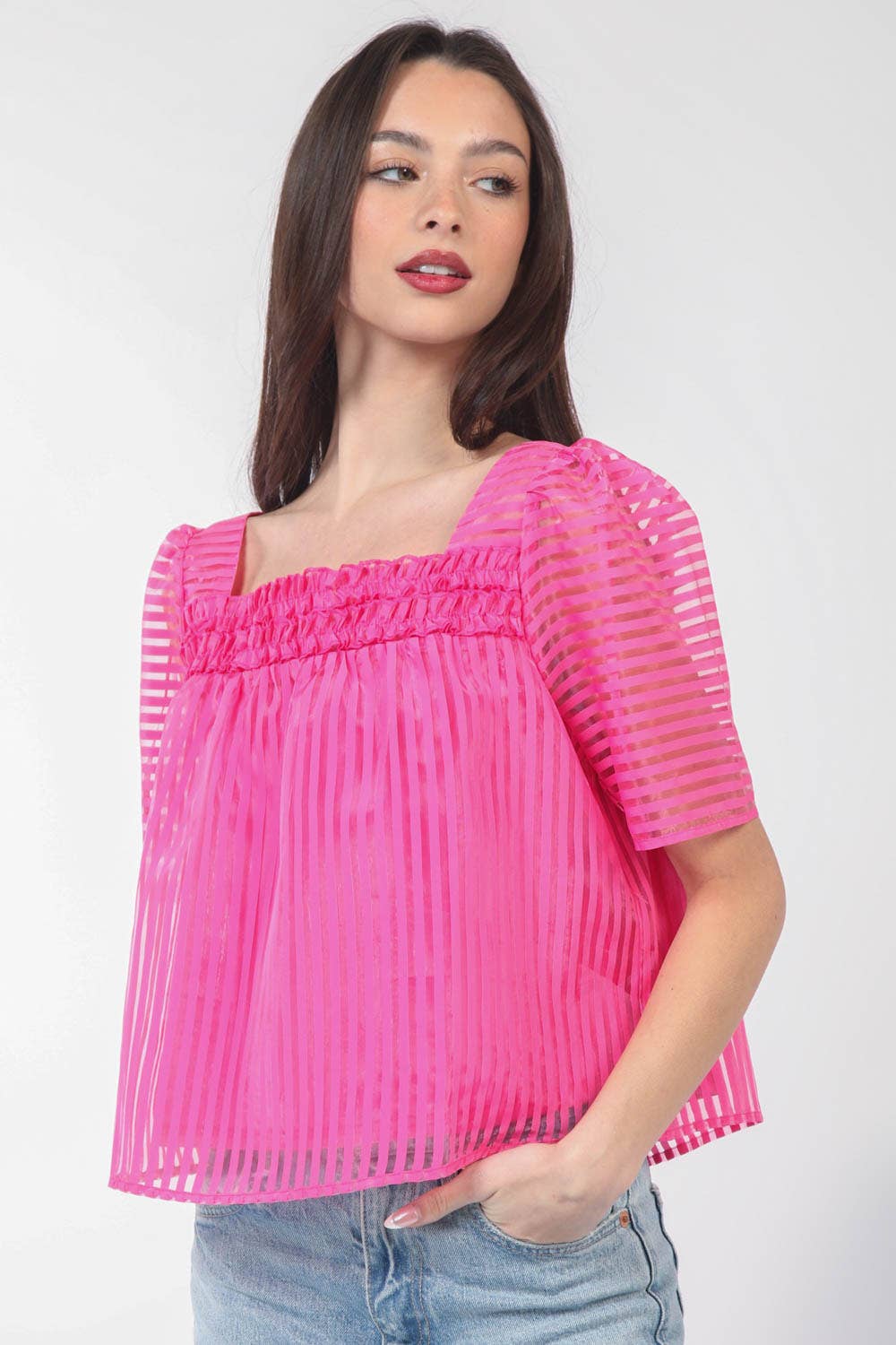 VERY J - Puff Sleeve Organza Stripe Sheer Blouse Top - 926 West