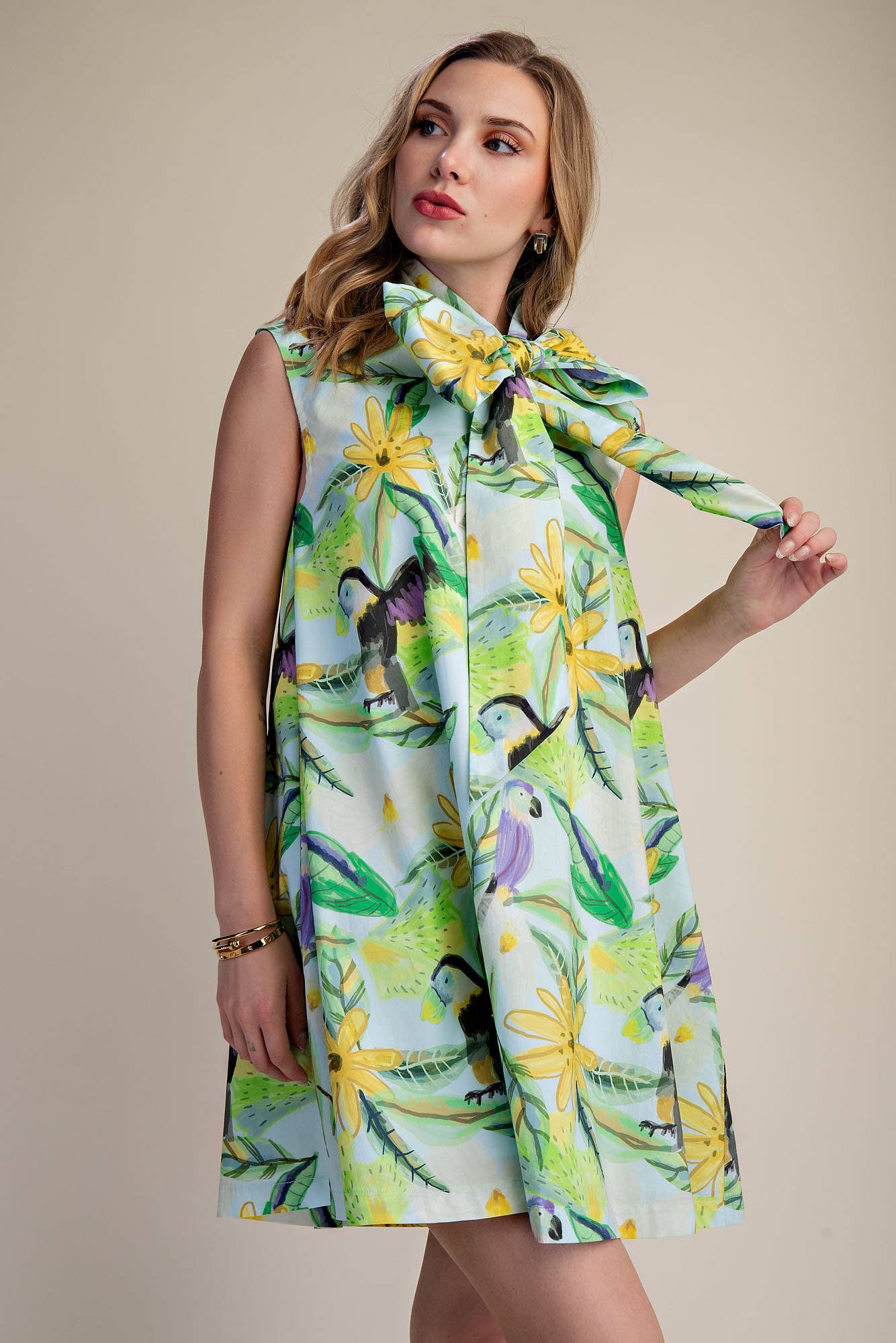 GLAM- Tie Neck Sleeveless Floral Mini Dress