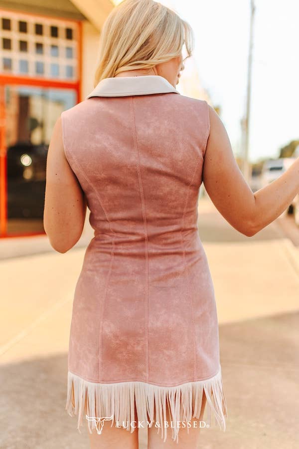 LUCKY & BLESSED -  Soft Pink W Cream Suede Sleeveless Fringe Hem Dress - 926 West