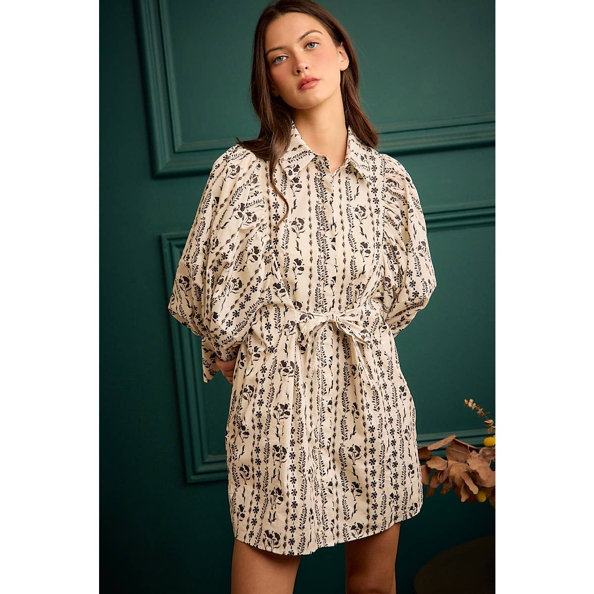 Cream Floral Puff-Sleeve Tie-Waist Mini Dress