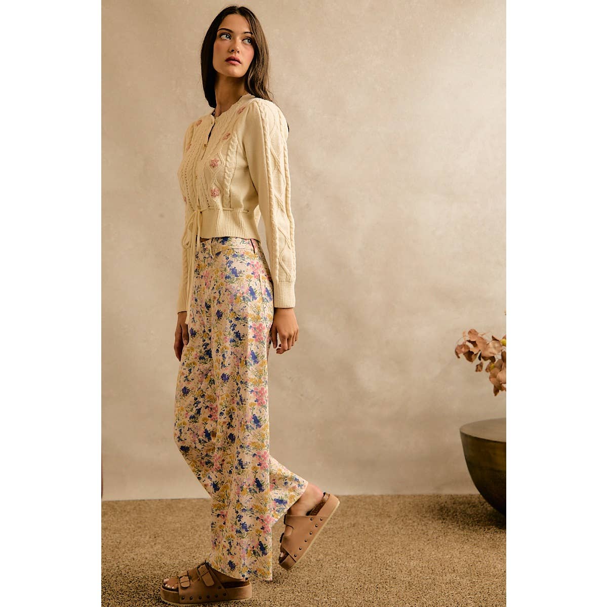 Floral Print Twill Wide Leg Pants